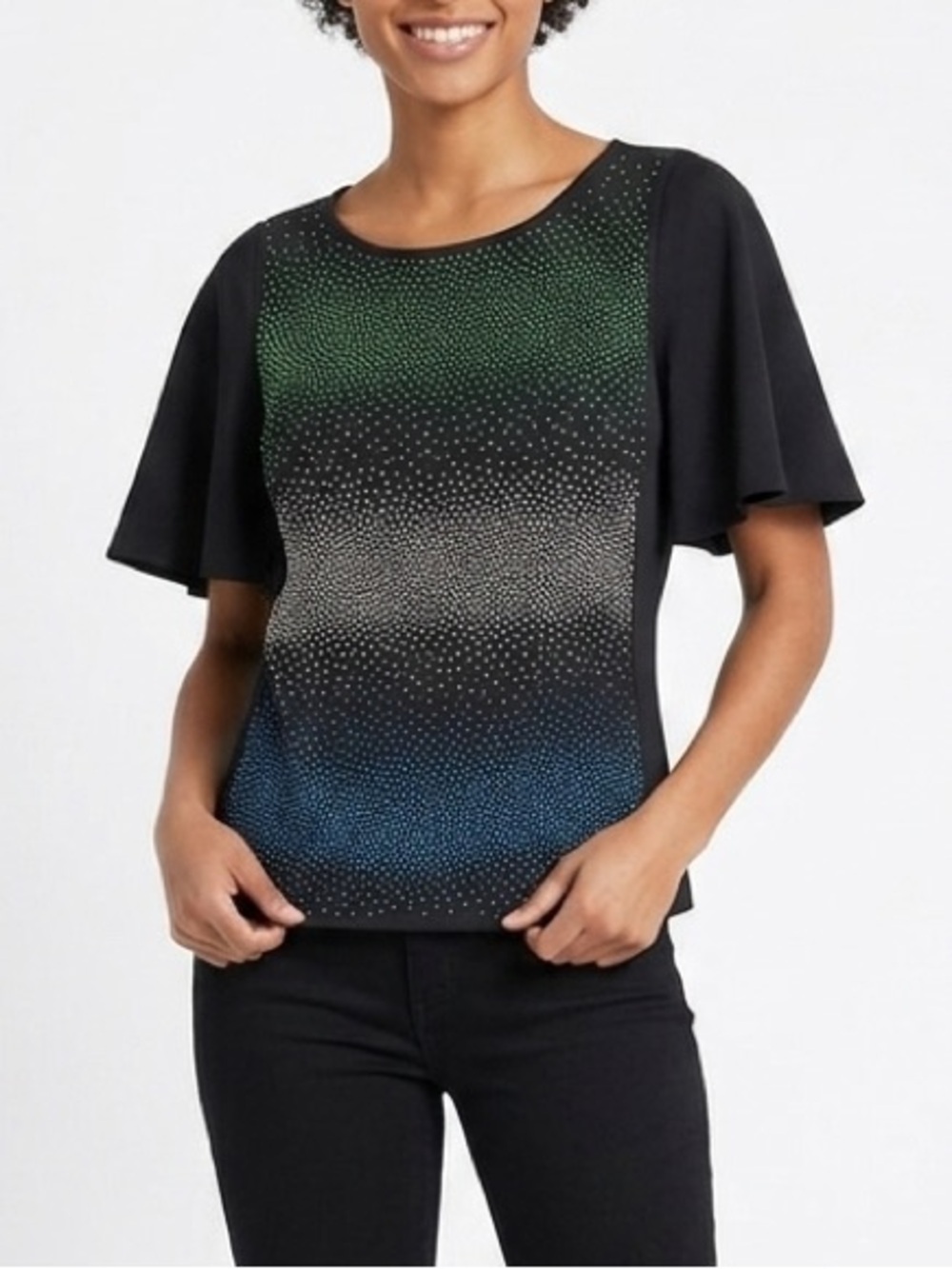 NWT TRU Trussardi Embellished Studded Ombre Flutter Sleeve Top Black Sz 38